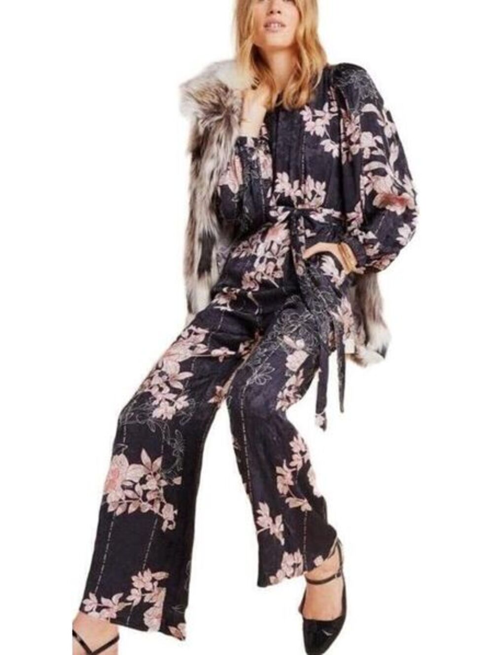 Anthropologie Harlyn Audria Jacquard Jumpsuit Small Black Floral Belted